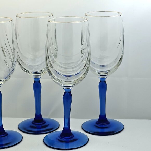 Libbey Crystal Blue Cobalt Wine Water Goblets 8.2" swag drape bowl gold rim (4) - Picture 3 of 8